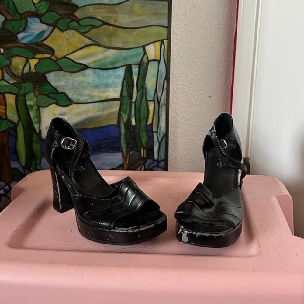 high lights black pleather strappy platform sandals heels